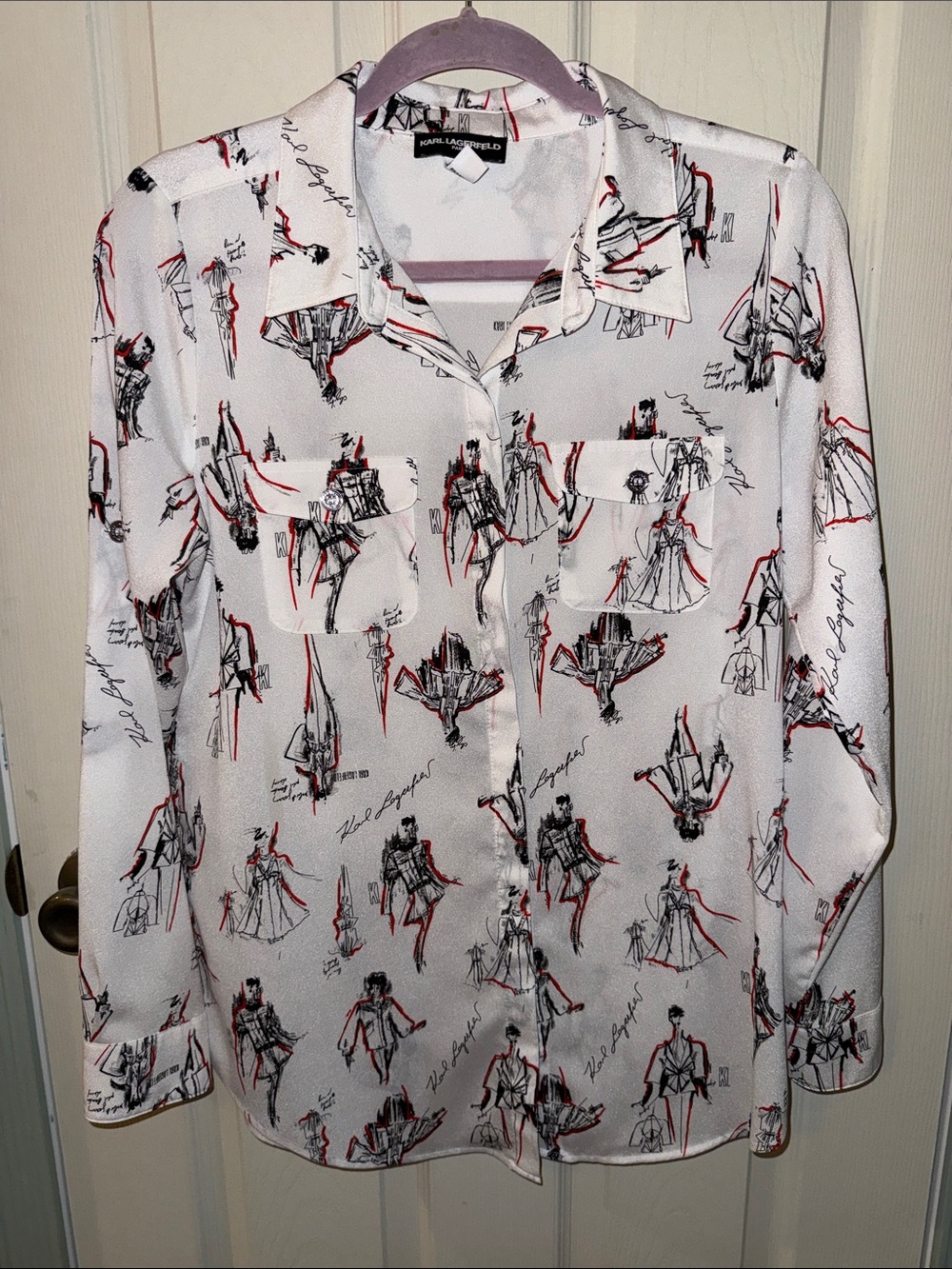 Karl Lagerfeld White Button-Down Shirt with Black & Red Fashion Sketch Print